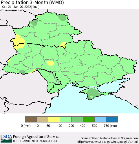 Ukraine, Moldova and Belarus Precipitation 3-Month (WMO) Thematic Map For 10/21/2021 - 1/20/2022