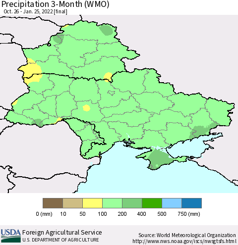 Ukraine, Moldova and Belarus Precipitation 3-Month (WMO) Thematic Map For 10/26/2021 - 1/25/2022