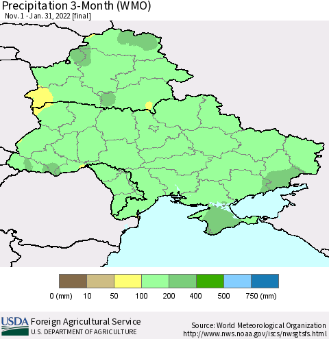 Ukraine, Moldova and Belarus Precipitation 3-Month (WMO) Thematic Map For 11/1/2021 - 1/31/2022