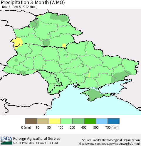 Ukraine, Moldova and Belarus Precipitation 3-Month (WMO) Thematic Map For 11/6/2021 - 2/5/2022