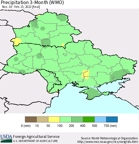 Ukraine, Moldova and Belarus Precipitation 3-Month (WMO) Thematic Map For 11/16/2021 - 2/15/2022