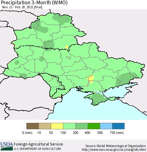 Ukraine, Moldova and Belarus Precipitation 3-Month (WMO) Thematic Map For 11/21/2021 - 2/20/2022