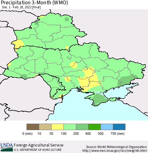 Ukraine, Moldova and Belarus Precipitation 3-Month (WMO) Thematic Map For 12/1/2021 - 2/28/2022