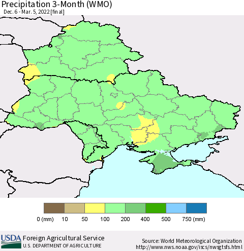 Ukraine, Moldova and Belarus Precipitation 3-Month (WMO) Thematic Map For 12/6/2021 - 3/5/2022