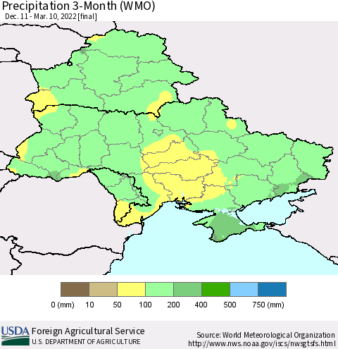 Ukraine, Moldova and Belarus Precipitation 3-Month (WMO) Thematic Map For 12/11/2021 - 3/10/2022