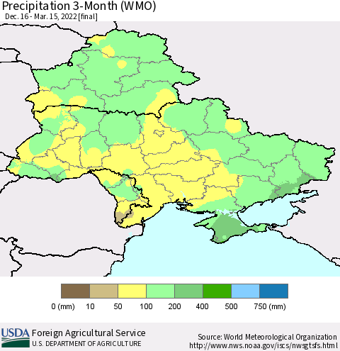 Ukraine, Moldova and Belarus Precipitation 3-Month (WMO) Thematic Map For 12/16/2021 - 3/15/2022