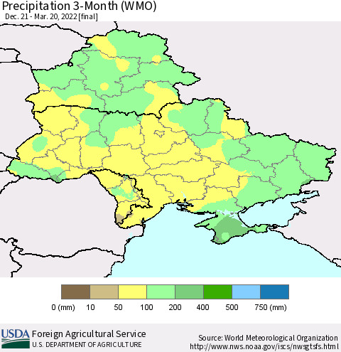 Ukraine, Moldova and Belarus Precipitation 3-Month (WMO) Thematic Map For 12/21/2021 - 3/20/2022