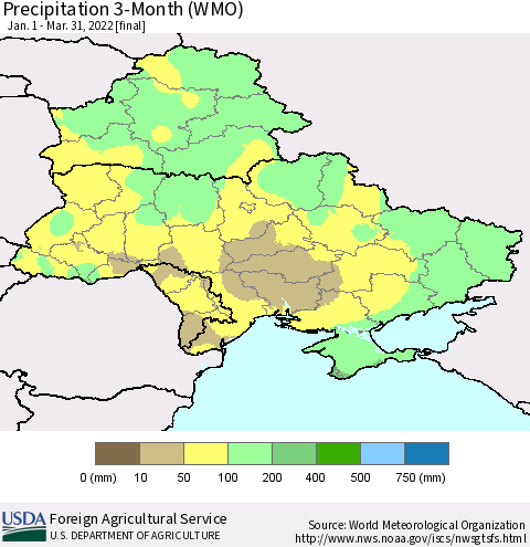 Ukraine, Moldova and Belarus Precipitation 3-Month (WMO) Thematic Map For 1/1/2022 - 3/31/2022