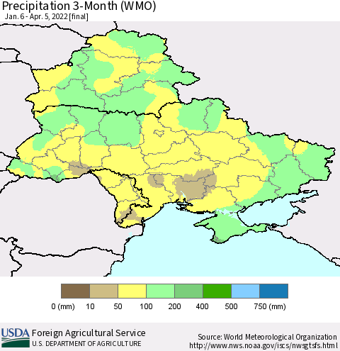 Ukraine, Moldova and Belarus Precipitation 3-Month (WMO) Thematic Map For 1/6/2022 - 4/5/2022