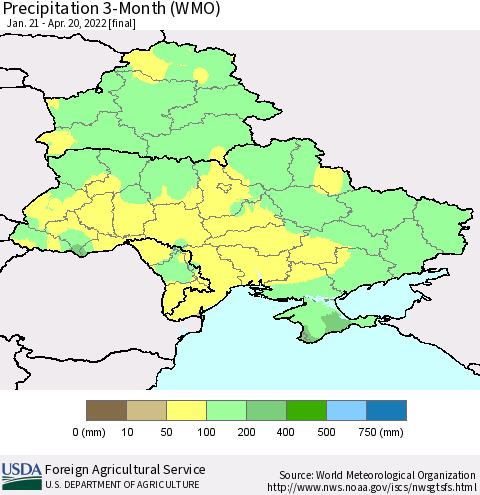 Ukraine, Moldova and Belarus Precipitation 3-Month (WMO) Thematic Map For 1/21/2022 - 4/20/2022