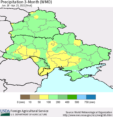 Ukraine, Moldova and Belarus Precipitation 3-Month (WMO) Thematic Map For 1/26/2022 - 4/25/2022