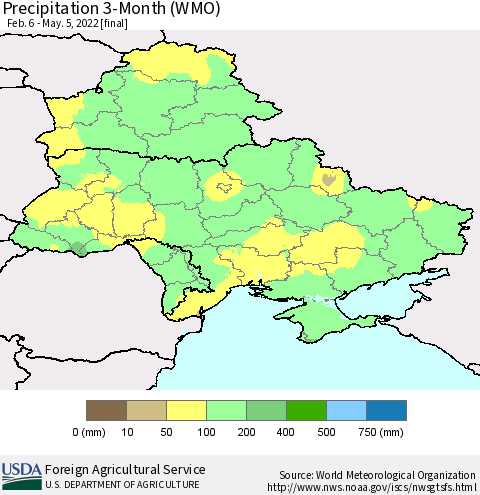 Ukraine, Moldova and Belarus Precipitation 3-Month (WMO) Thematic Map For 2/6/2022 - 5/5/2022