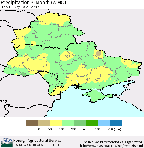 Ukraine, Moldova and Belarus Precipitation 3-Month (WMO) Thematic Map For 2/11/2022 - 5/10/2022