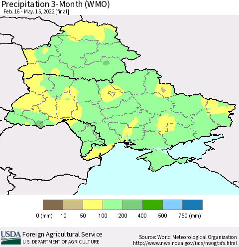 Ukraine, Moldova and Belarus Precipitation 3-Month (WMO) Thematic Map For 2/16/2022 - 5/15/2022