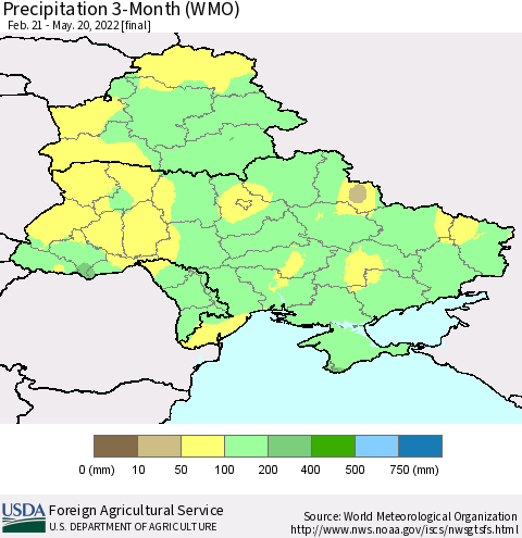 Ukraine, Moldova and Belarus Precipitation 3-Month (WMO) Thematic Map For 2/21/2022 - 5/20/2022