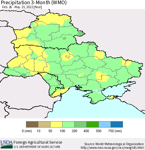 Ukraine, Moldova and Belarus Precipitation 3-Month (WMO) Thematic Map For 2/26/2022 - 5/25/2022