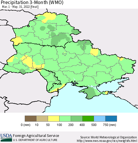 Ukraine, Moldova and Belarus Precipitation 3-Month (WMO) Thematic Map For 3/1/2022 - 5/31/2022