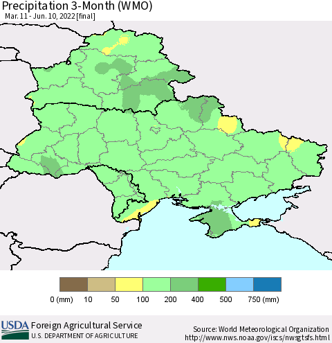 Ukraine, Moldova and Belarus Precipitation 3-Month (WMO) Thematic Map For 3/11/2022 - 6/10/2022