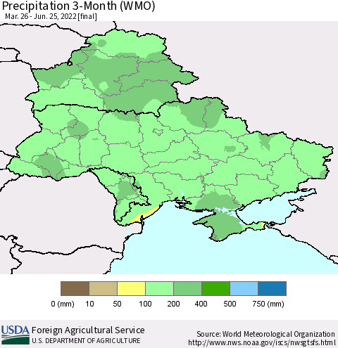 Ukraine, Moldova and Belarus Precipitation 3-Month (WMO) Thematic Map For 3/26/2022 - 6/25/2022