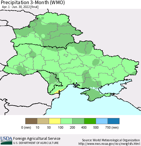 Ukraine, Moldova and Belarus Precipitation 3-Month (WMO) Thematic Map For 4/1/2022 - 6/30/2022