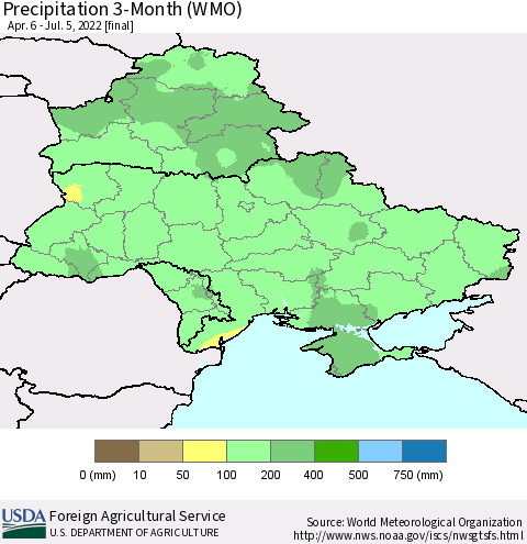 Ukraine, Moldova and Belarus Precipitation 3-Month (WMO) Thematic Map For 4/6/2022 - 7/5/2022