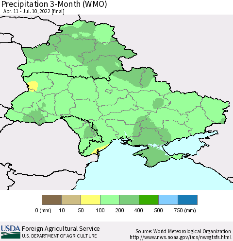 Ukraine, Moldova and Belarus Precipitation 3-Month (WMO) Thematic Map For 4/11/2022 - 7/10/2022