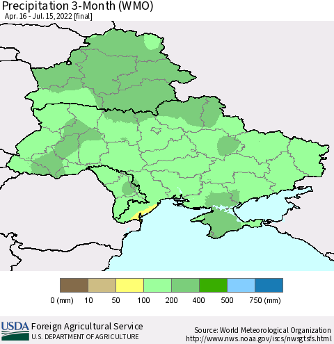 Ukraine, Moldova and Belarus Precipitation 3-Month (WMO) Thematic Map For 4/16/2022 - 7/15/2022