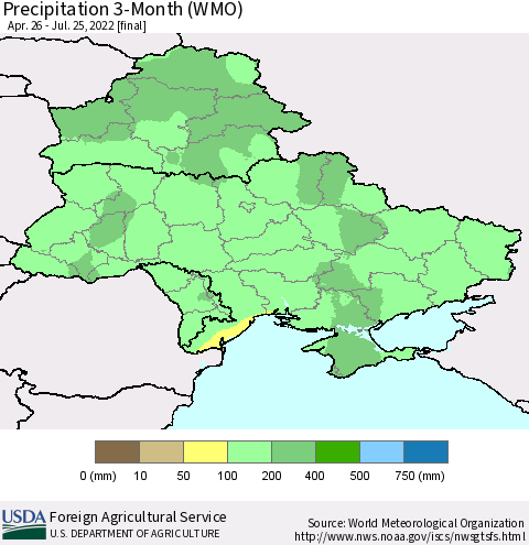 Ukraine, Moldova and Belarus Precipitation 3-Month (WMO) Thematic Map For 4/26/2022 - 7/25/2022