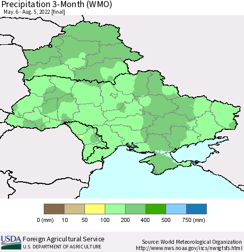 Ukraine, Moldova and Belarus Precipitation 3-Month (WMO) Thematic Map For 5/6/2022 - 8/5/2022