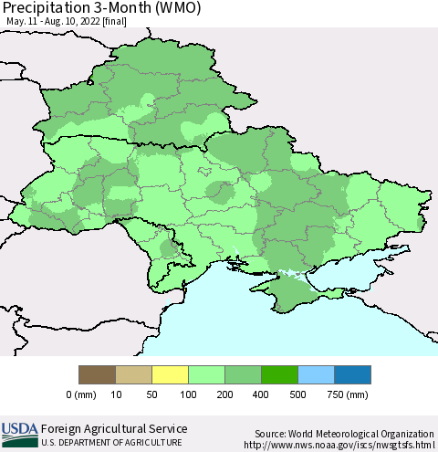 Ukraine, Moldova and Belarus Precipitation 3-Month (WMO) Thematic Map For 5/11/2022 - 8/10/2022
