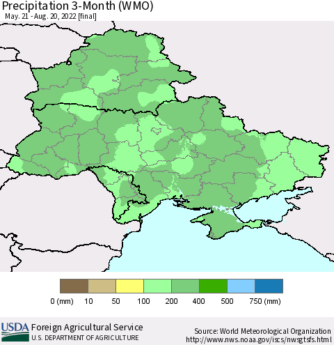 Ukraine, Moldova and Belarus Precipitation 3-Month (WMO) Thematic Map For 5/21/2022 - 8/20/2022