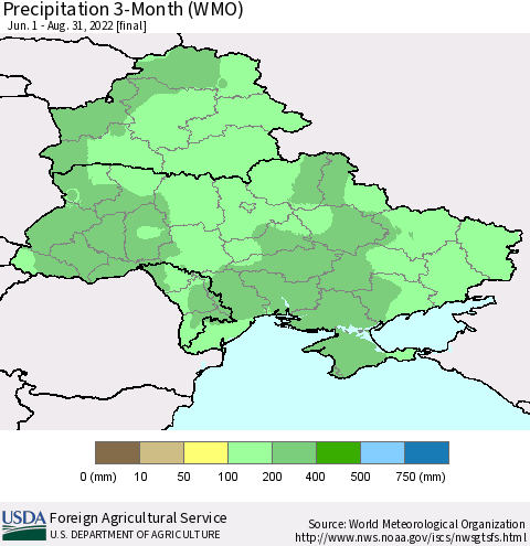 Ukraine, Moldova and Belarus Precipitation 3-Month (WMO) Thematic Map For 6/1/2022 - 8/31/2022