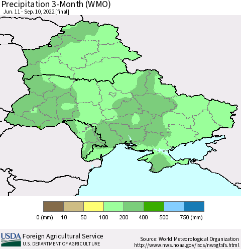 Ukraine, Moldova and Belarus Precipitation 3-Month (WMO) Thematic Map For 6/11/2022 - 9/10/2022
