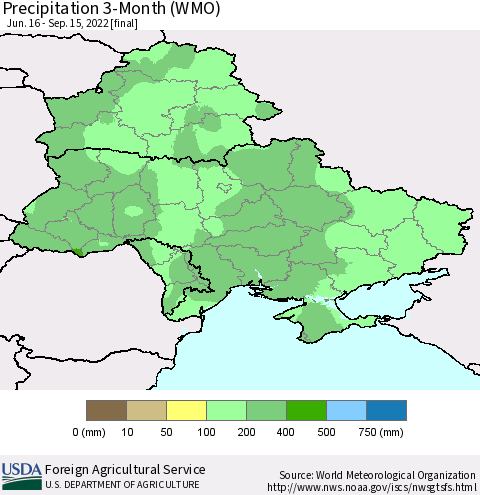 Ukraine, Moldova and Belarus Precipitation 3-Month (WMO) Thematic Map For 6/16/2022 - 9/15/2022