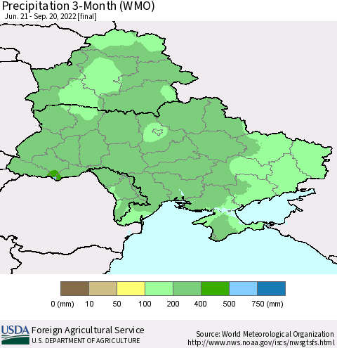 Ukraine, Moldova and Belarus Precipitation 3-Month (WMO) Thematic Map For 6/21/2022 - 9/20/2022