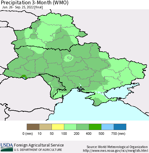 Ukraine, Moldova and Belarus Precipitation 3-Month (WMO) Thematic Map For 6/26/2022 - 9/25/2022