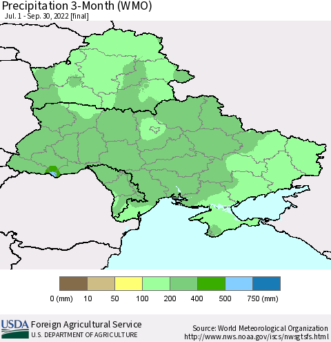 Ukraine, Moldova and Belarus Precipitation 3-Month (WMO) Thematic Map For 7/1/2022 - 9/30/2022