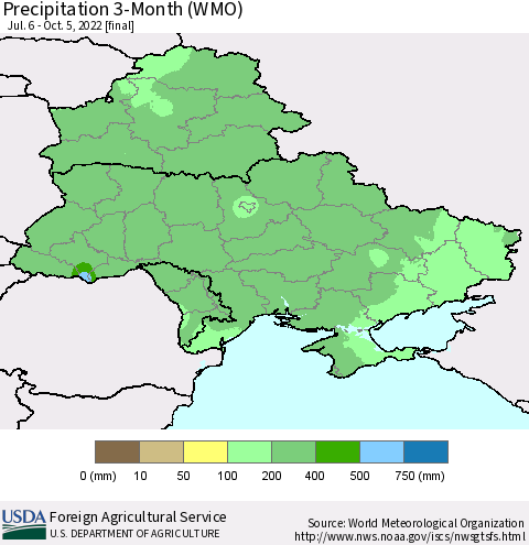 Ukraine, Moldova and Belarus Precipitation 3-Month (WMO) Thematic Map For 7/6/2022 - 10/5/2022