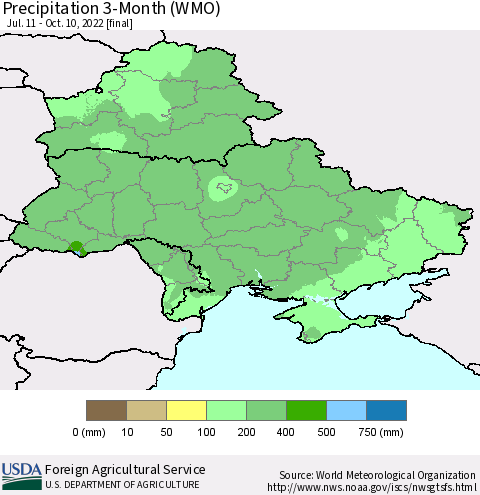 Ukraine, Moldova and Belarus Precipitation 3-Month (WMO) Thematic Map For 7/11/2022 - 10/10/2022