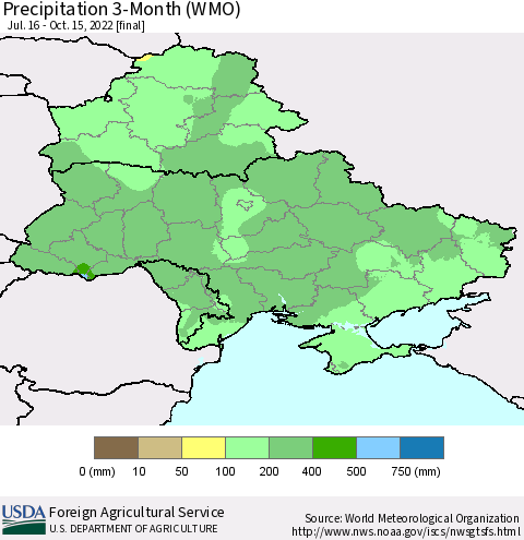 Ukraine, Moldova and Belarus Precipitation 3-Month (WMO) Thematic Map For 7/16/2022 - 10/15/2022
