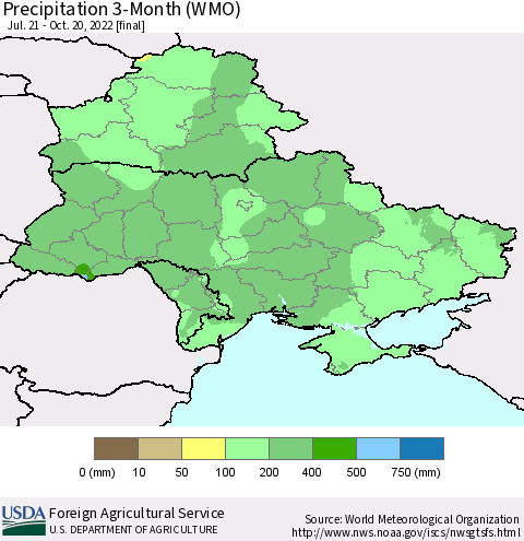 Ukraine, Moldova and Belarus Precipitation 3-Month (WMO) Thematic Map For 7/21/2022 - 10/20/2022