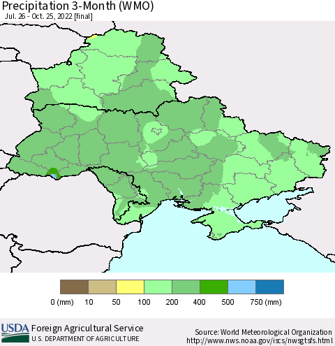 Ukraine, Moldova and Belarus Precipitation 3-Month (WMO) Thematic Map For 7/26/2022 - 10/25/2022