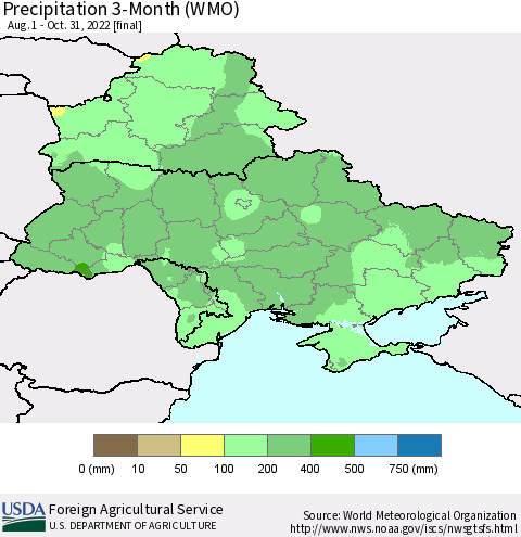 Ukraine, Moldova and Belarus Precipitation 3-Month (WMO) Thematic Map For 8/1/2022 - 10/31/2022