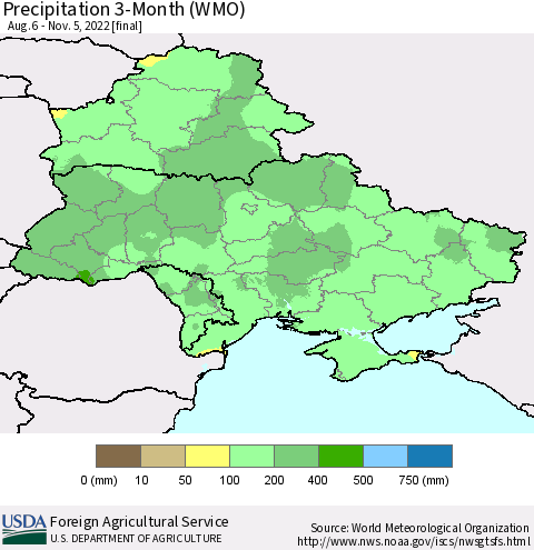 Ukraine, Moldova and Belarus Precipitation 3-Month (WMO) Thematic Map For 8/6/2022 - 11/5/2022
