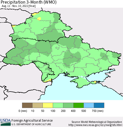 Ukraine, Moldova and Belarus Precipitation 3-Month (WMO) Thematic Map For 8/11/2022 - 11/10/2022
