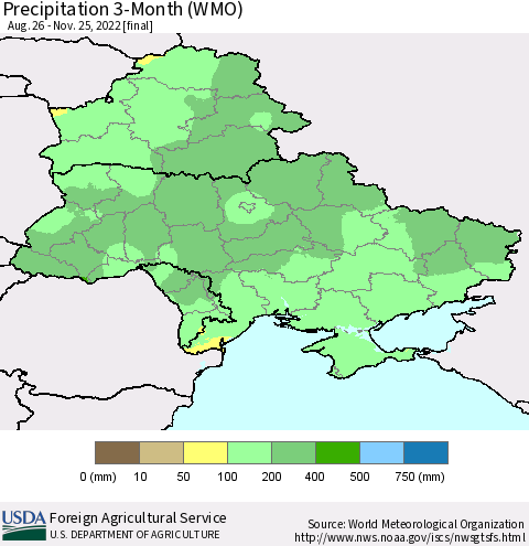 Ukraine, Moldova and Belarus Precipitation 3-Month (WMO) Thematic Map For 8/26/2022 - 11/25/2022