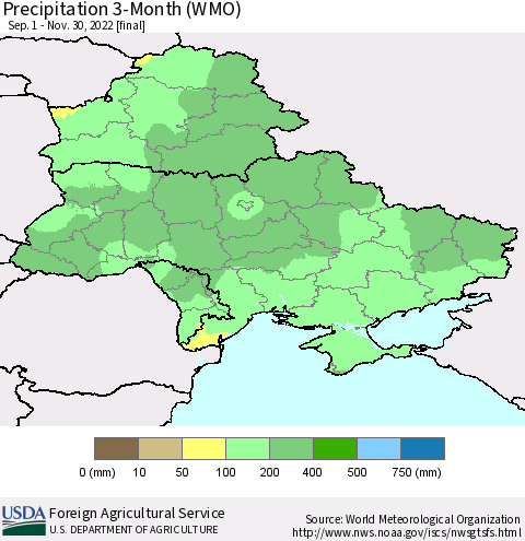 Ukraine, Moldova and Belarus Precipitation 3-Month (WMO) Thematic Map For 9/1/2022 - 11/30/2022