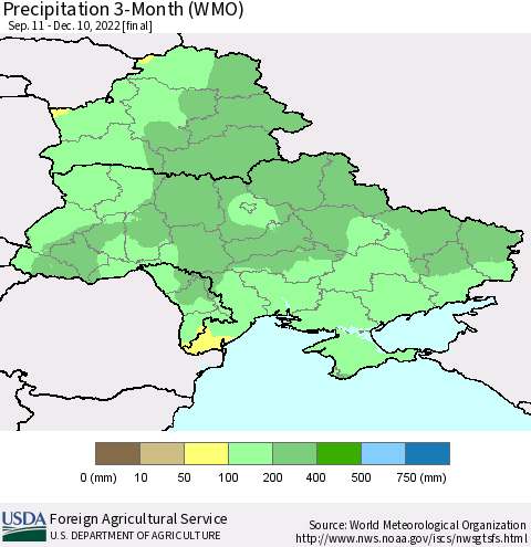 Ukraine, Moldova and Belarus Precipitation 3-Month (WMO) Thematic Map For 9/11/2022 - 12/10/2022