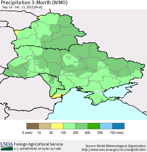 Ukraine, Moldova and Belarus Precipitation 3-Month (WMO) Thematic Map For 9/16/2022 - 12/15/2022