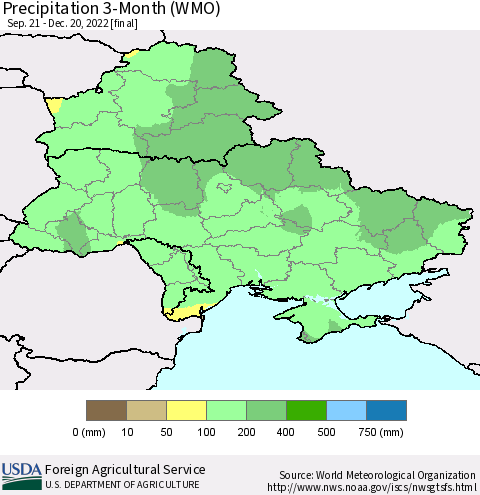 Ukraine, Moldova and Belarus Precipitation 3-Month (WMO) Thematic Map For 9/21/2022 - 12/20/2022